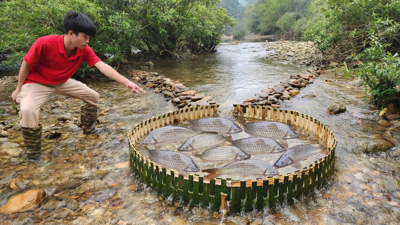 The boy, Lam, used a traditional bamboo fish trap set overnight to catch a whole school of carp.