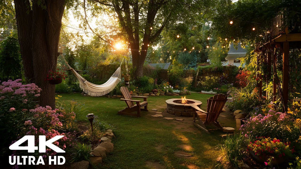 Golden Hour Relaxation in the Garden 🌅 | Cozy Crackling Fire Pit with Birdsong & Nature Sounds – 4K