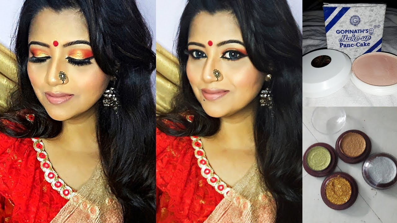 GOPINATH PANCAKE MAKEUP TUTORIAL | RED GOLD EYE-SHADOW | GLAM MAKEUP WITH  AFFORDABLE PRODUCTS