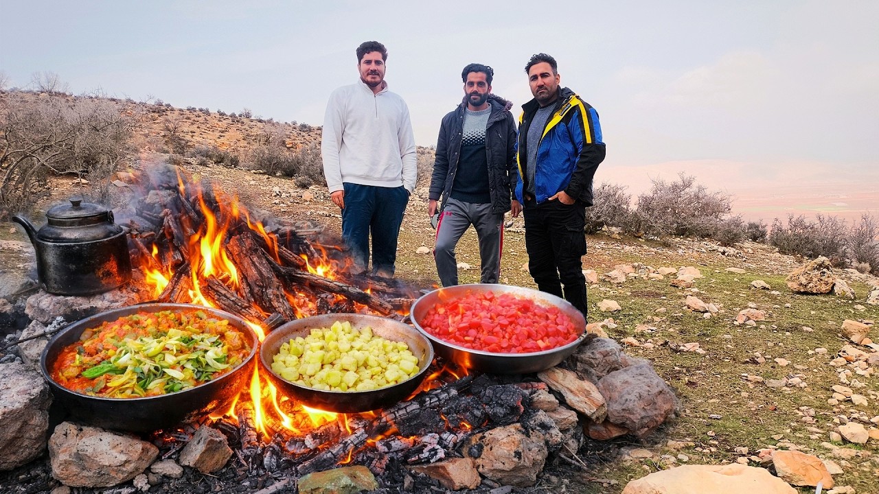 🔥 Cooking a Delicious Mountain Meal with Just Fire! 🍆🔥