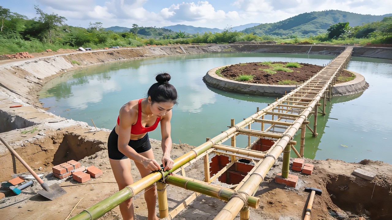 TIMELAPSE - Building a Bamboo Bridge to a Small Island in the Fish Pond | Off Grid Living