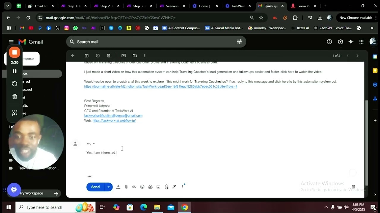 Start automated cold emailing and ChatGPT follow-up message sequences with TaskWork AI