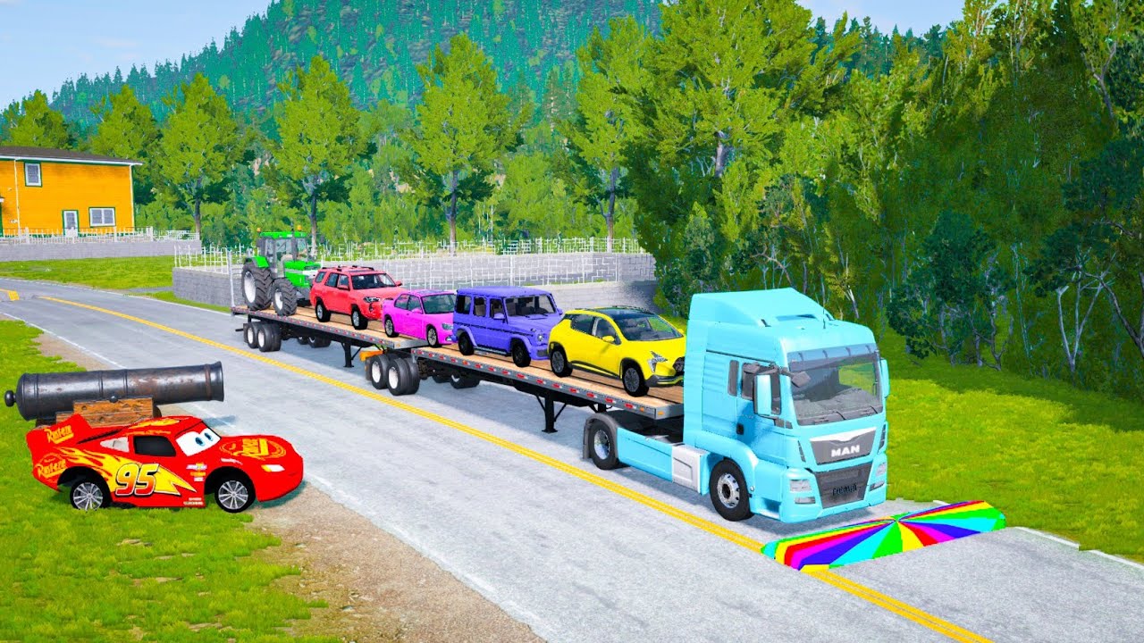 Flatbed Truck Mcqueen | Transportation with Truck - Pothole vs Car #07 - BeamNG.Drive