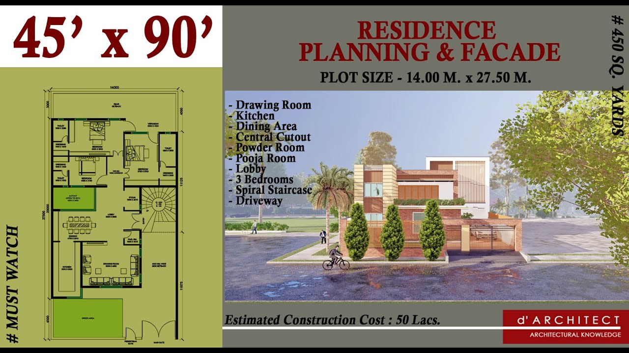 45' x 90' HOUSE DESIGN | 450 SQ YARDS | 3BHK HOUSE PLAN | ARCHITECTURAL PLAN (PART 1) #HOUSEPLAN