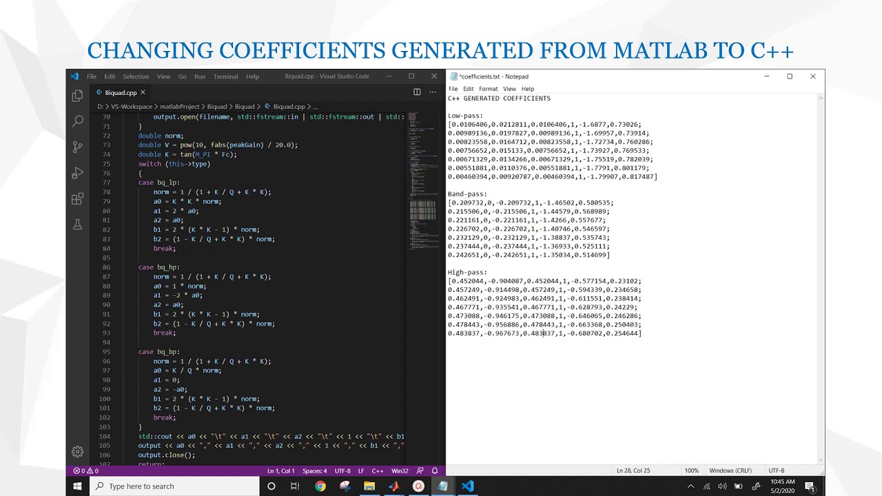 BiQuad IIR Filter Implementation Comparison (MATLAB vs C++ coefficients)