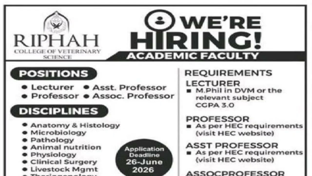 Riphah Veterinary College Jobs 2026 | Lecturer & Professor Vacancies | Last Date 26 June