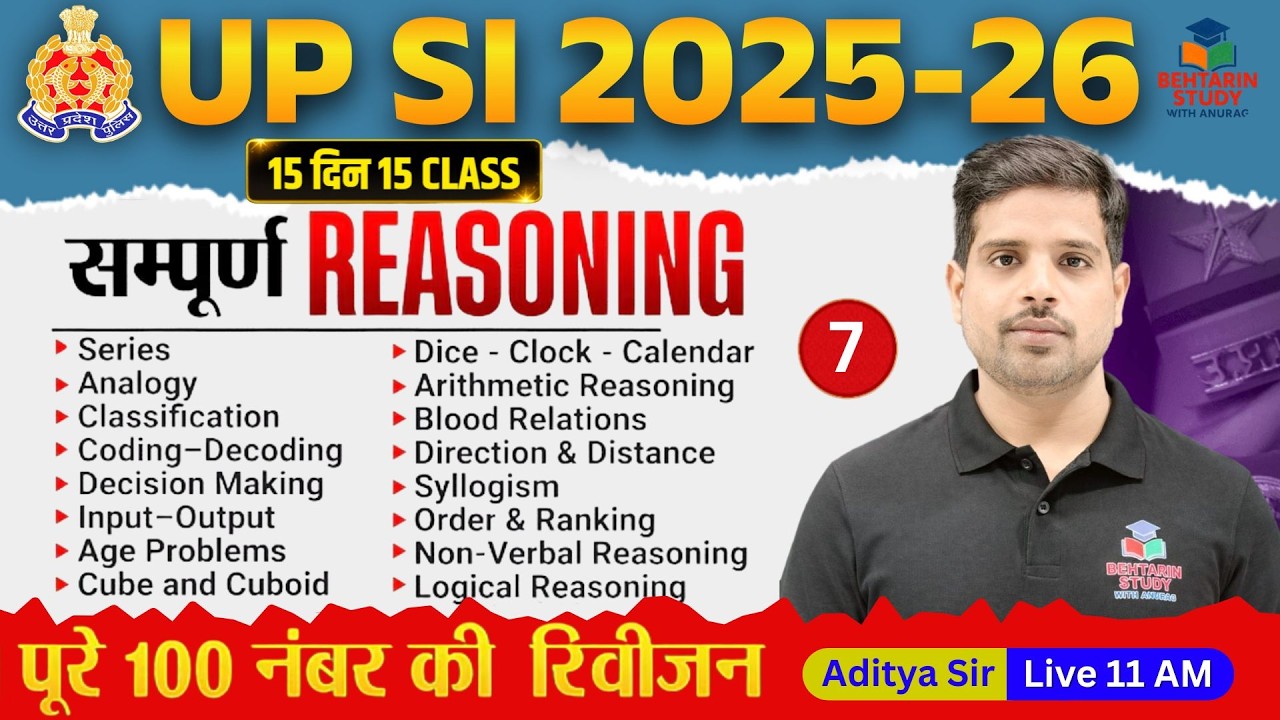 UP SI Reasoning Practice Set | UPSI Reasoning Classes | UPSI 2025 Reasoning by Aditya Sir #7