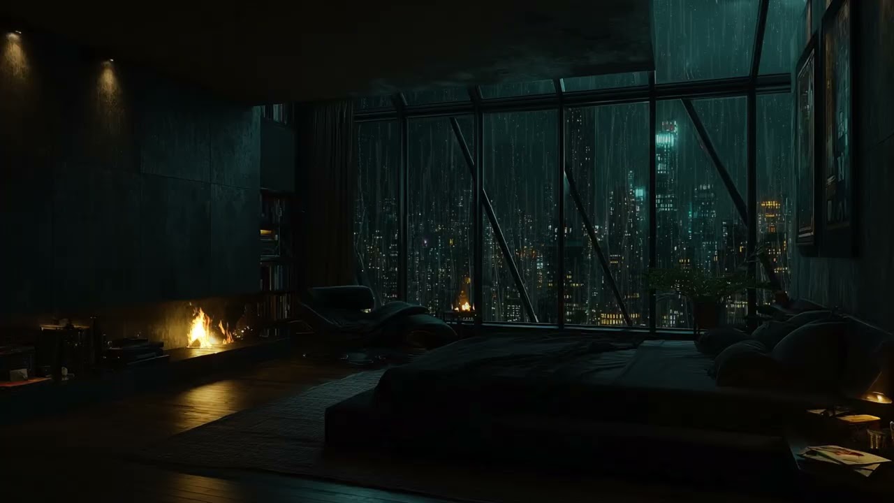 (No Ads)☔NYC Luxury Apartment Rainstorm Night with Window City Lights for Deep Rest