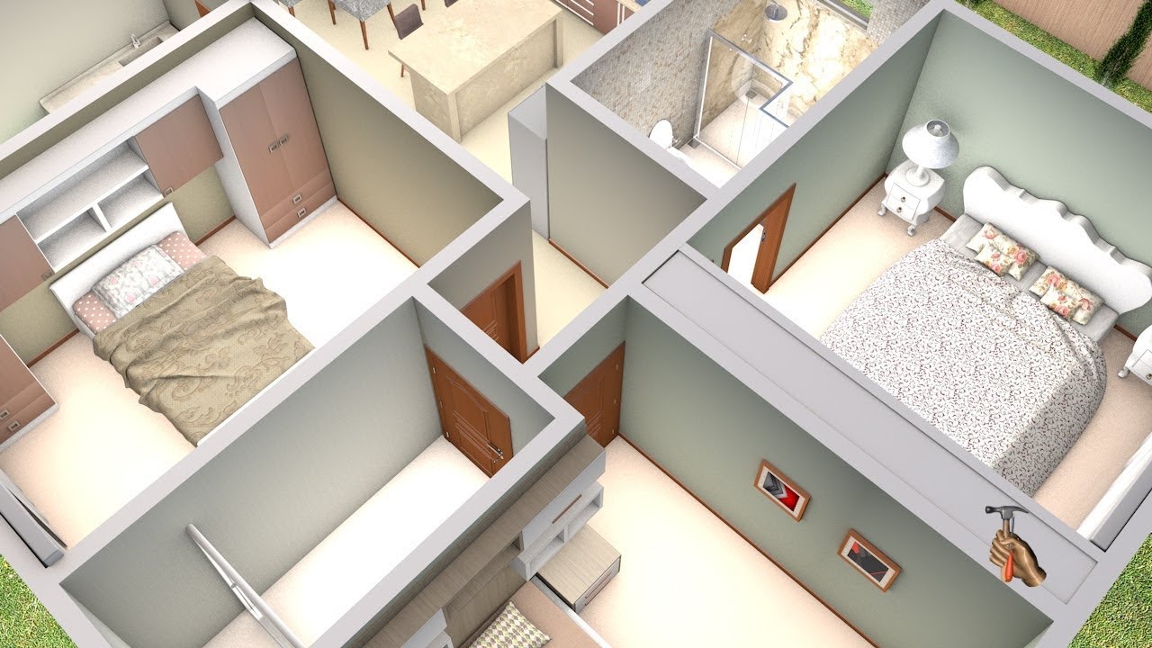 Planta 3D com três Quartos e Cozinha Americana