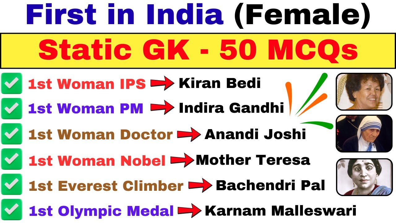 First Women of India | Important Static GK | First in India GK MCQ