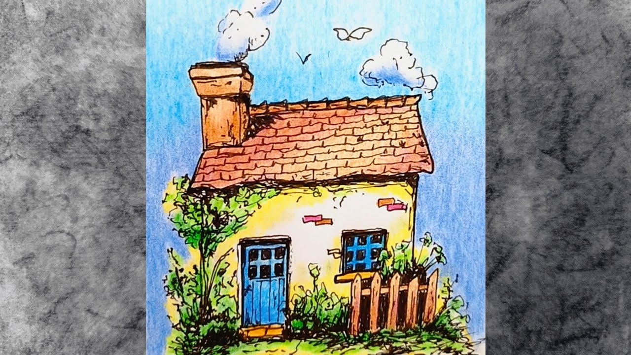 coloring a house and landscape with colored pencils