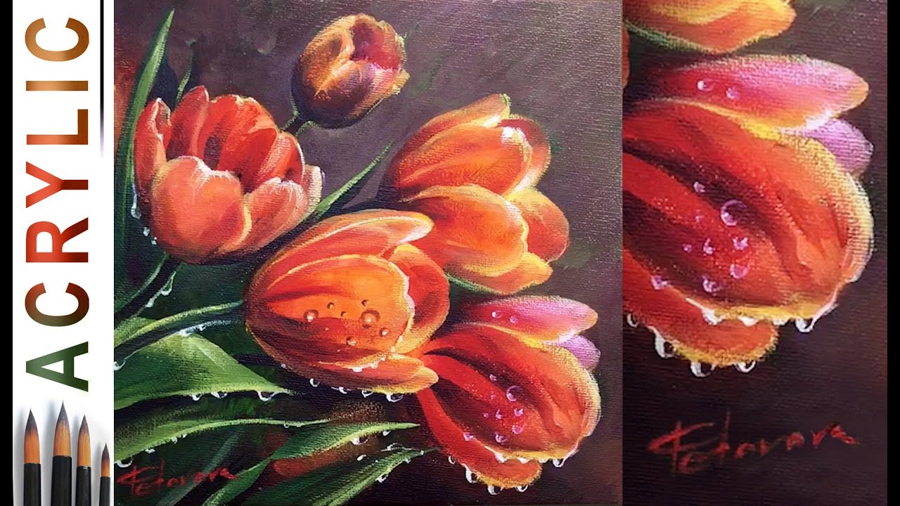 Tulips and Waterdrops. How to paint fowers 🎨ACRYLIC tutorial DEMO