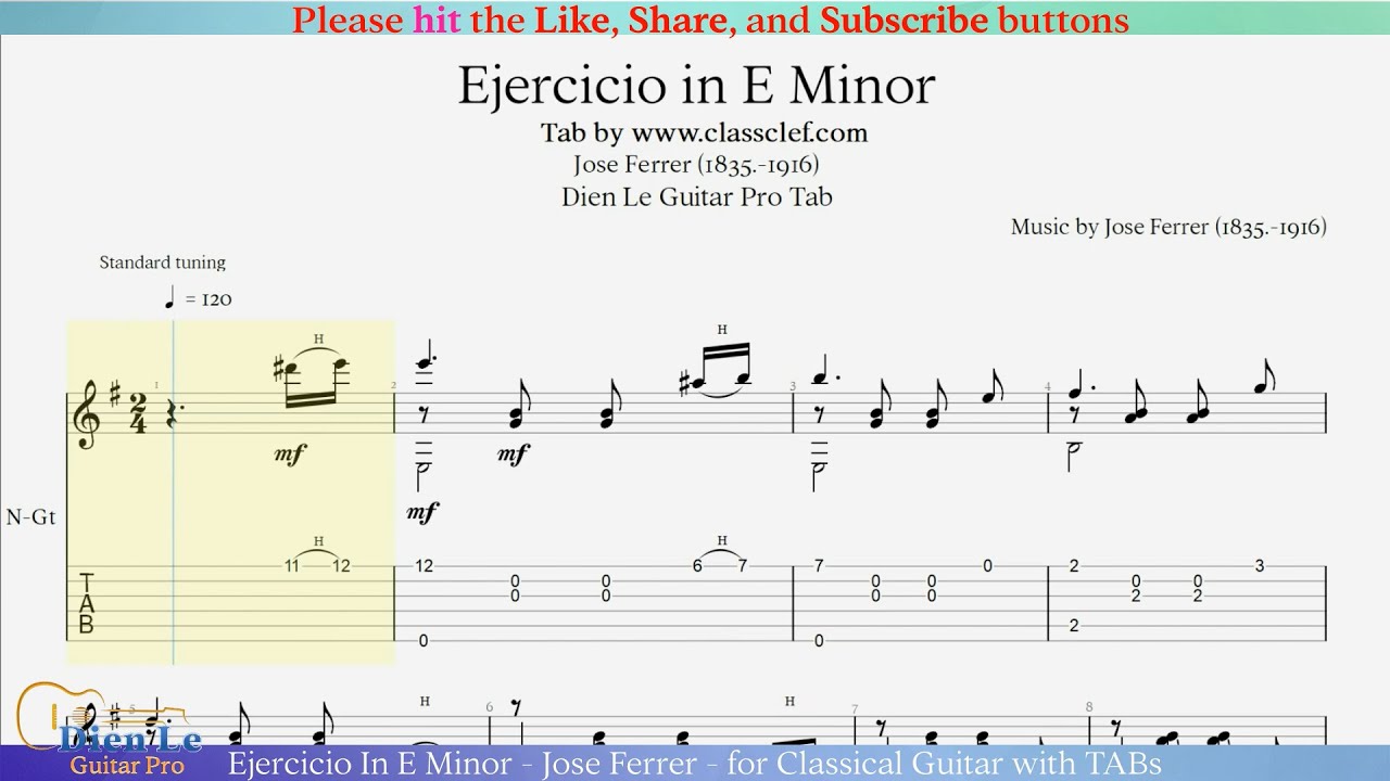 Ejercicio In E Minor - Jose Ferrer - for Classical Guitar with TABs