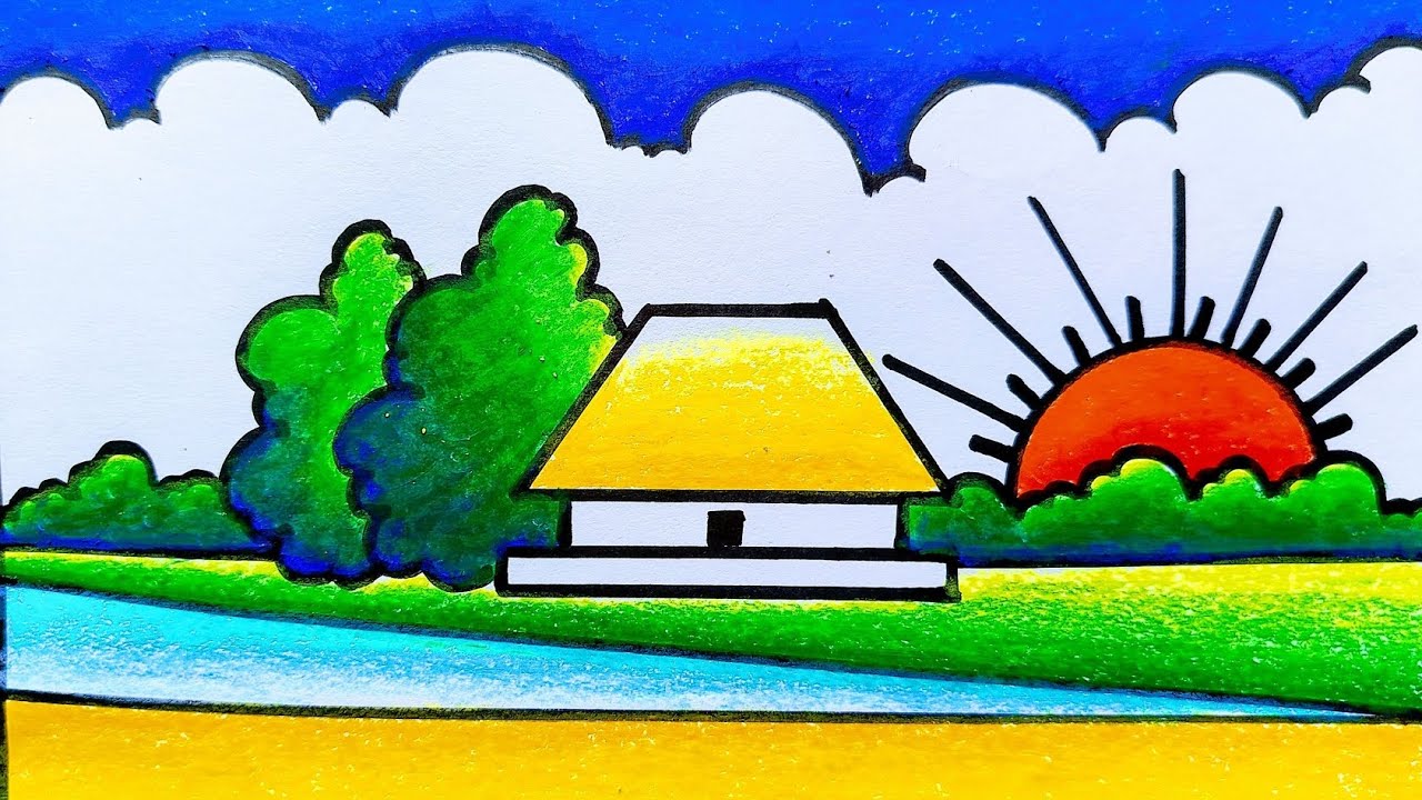 Sunset drawing simple / Sunset drawing scenery 