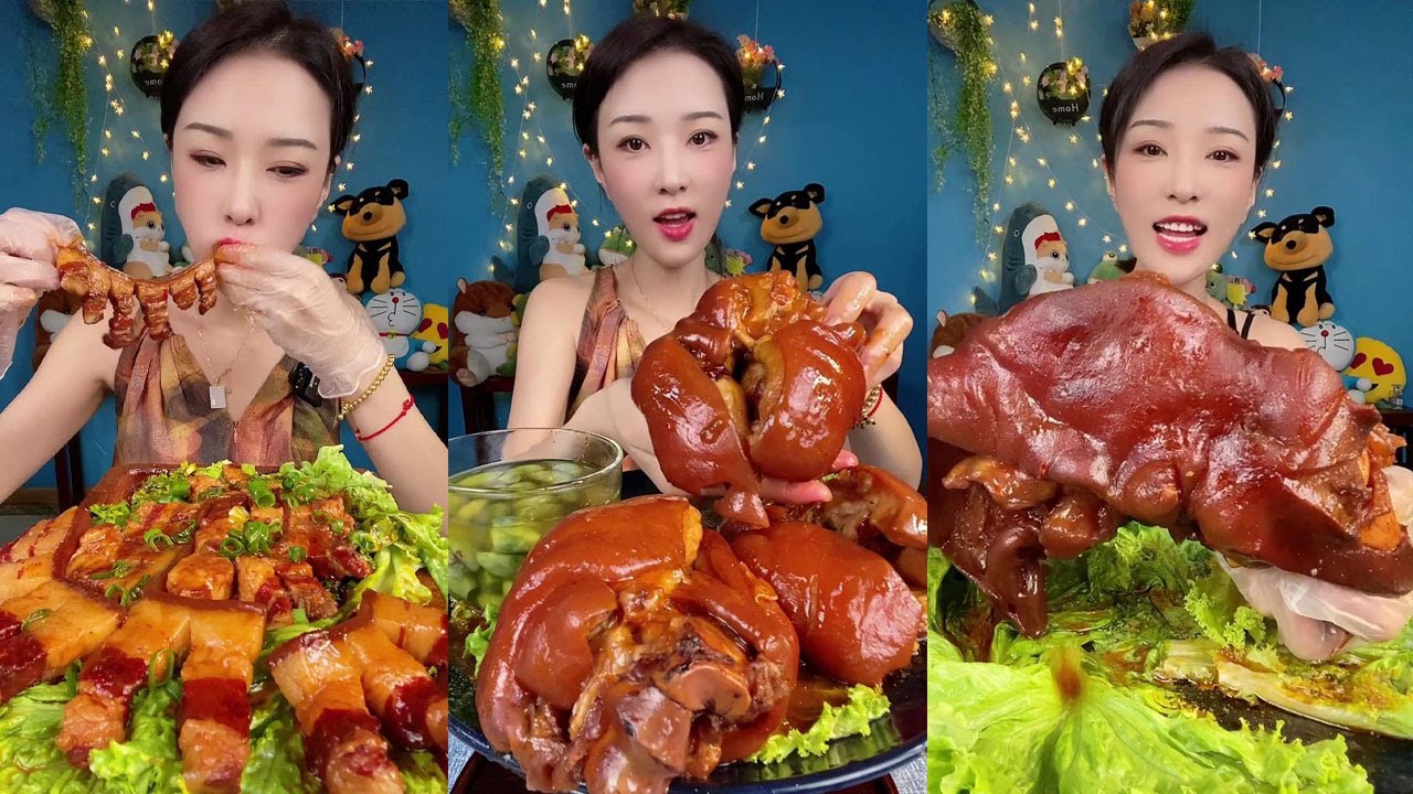 美女在吃特色美食，红烧肉，牛脚，大猪肘子，大口吃肉 #吃播 #美食 #海鲜