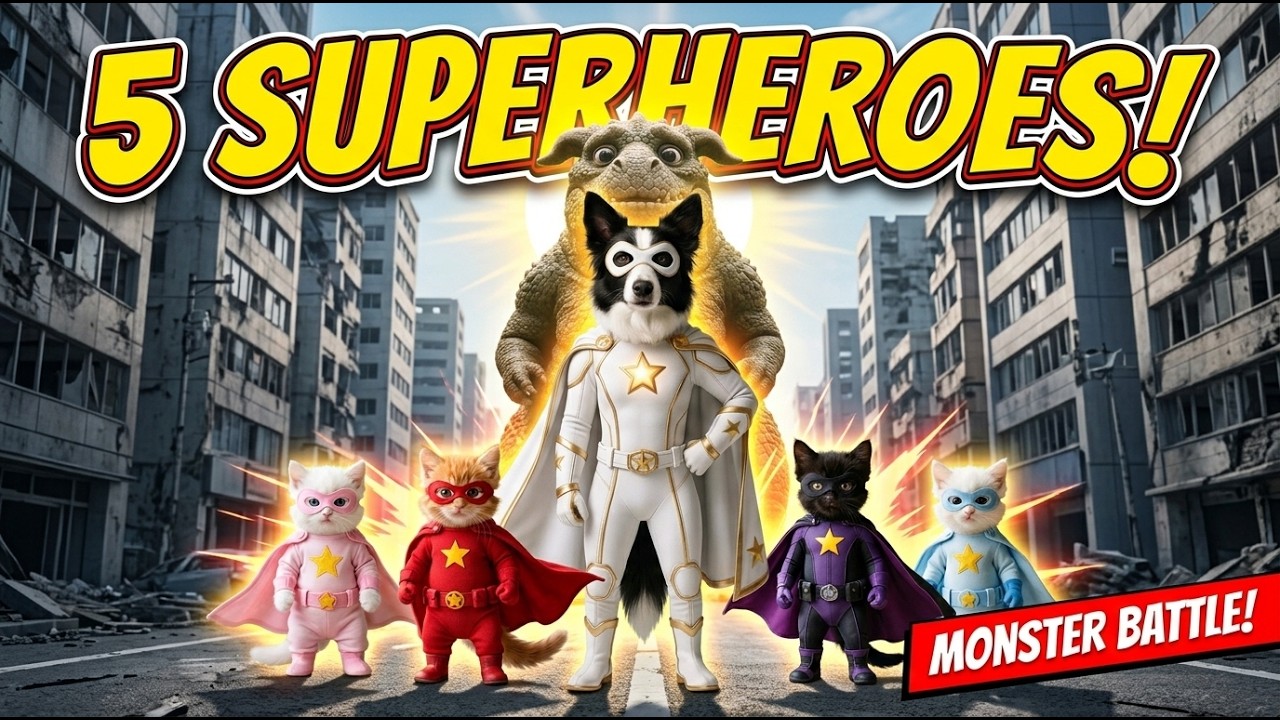 [Monster Battle] 5 Superheroes! Kittens & Mama Collie's Epic Fight to Save the City 🦸🐱