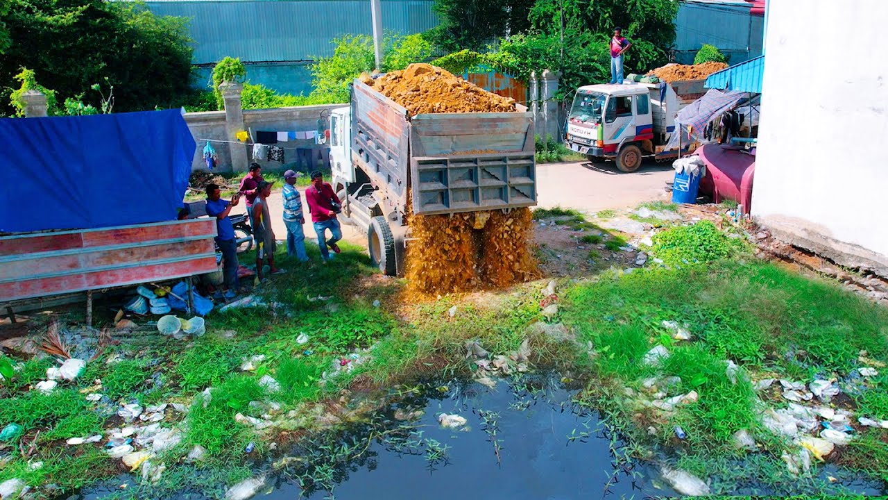 First Start opening new PROJECT!! Land fill up delete flooded area by bulldozer komatsu & Dump Truck