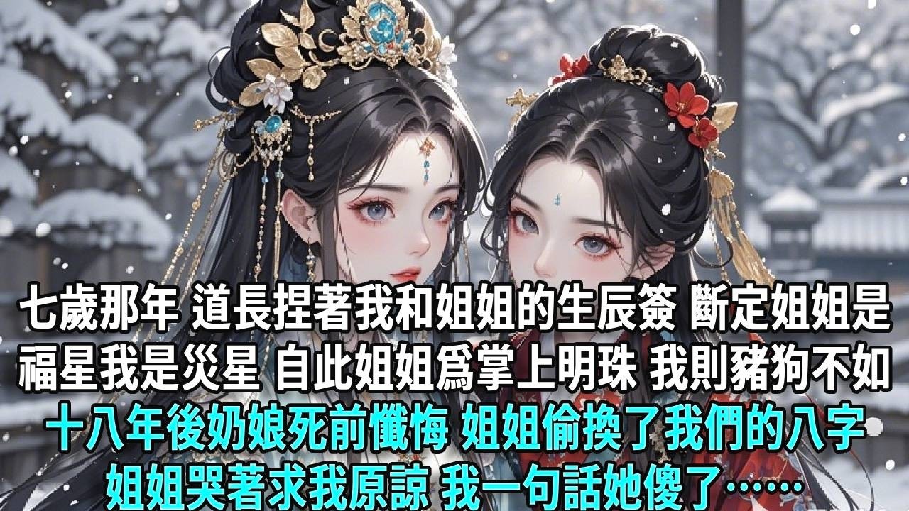 七歲那天，道長捏著我和姐姐的生辰簽，斷定姐姐是福星、我是災星。自此姐姐成爲掌上明珠，我則豬狗不如。十八年後，奶娘死前懺悔，姐姐偷換了我們的八字。姐姐哭著求我原諒，我一句話，她傻了……