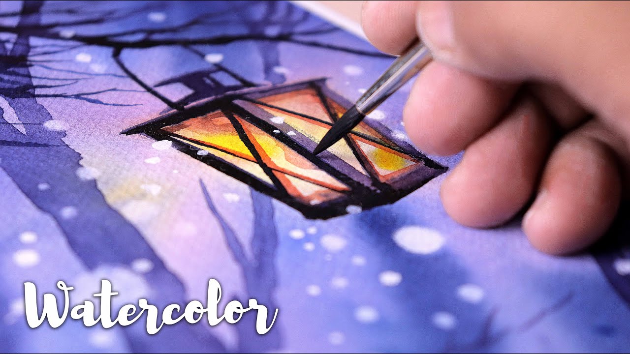 Simple Watercolor painting of beautiful glowing Lamp - Christmas idea