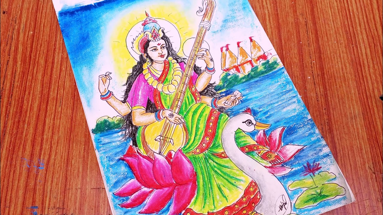 How to draw maa Saraswati by oil pastel colours for beginners? #indiandrawing #saraswati #oilpastel