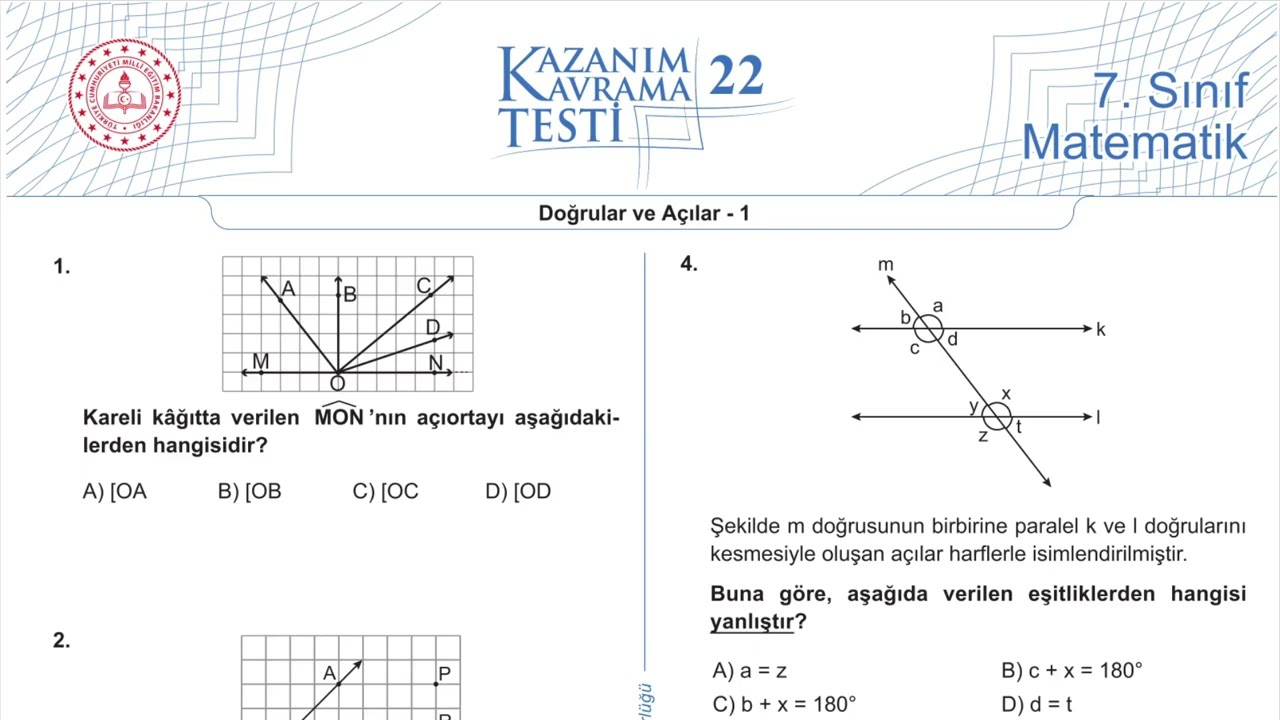 7. Sınıf Matematik Kazanım Kavrama Test 22 (Doğrular ve Açılar) Çözümler