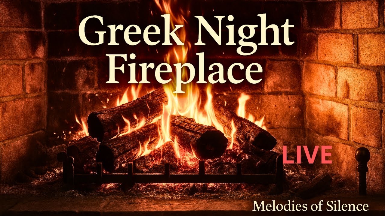 Greek Night Fireplace 🔥 Ambience LIVE | Warm Background Music
