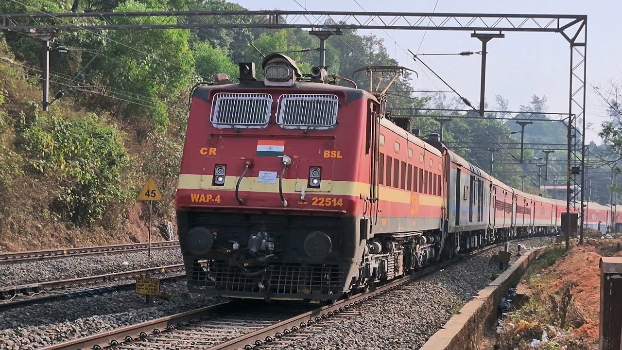 Mangaluru CSMT Mumbai Superfast Express, hauled by a WAP4 from Bhusawal, accelerates through Padil