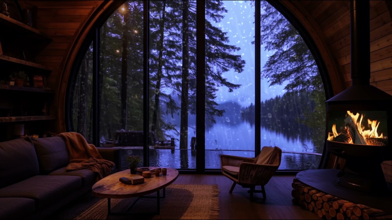 Cozy Rain on Window -  Thunderstorm & Warm Fireplace  Deep Sleep, Study, and Relaxation Sounds