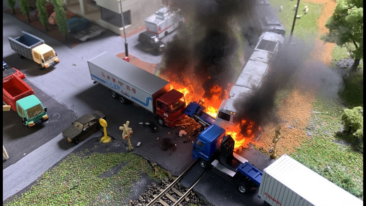 DRAMA MINIATUR KERETA API CC206 TABRAK MOBIL TRUK PETIKEMAS DI PELINTASAN SAMPAI ANJLOK PARAH