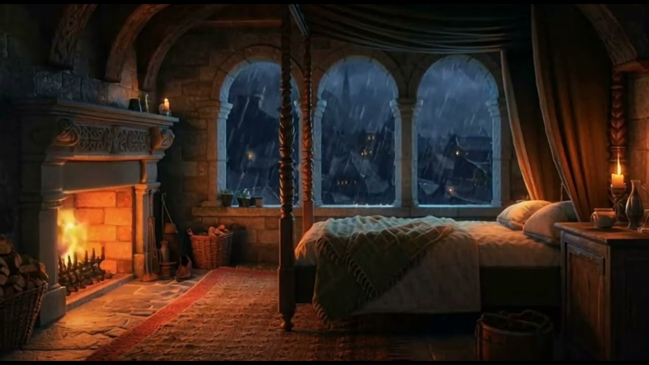 Cozy Medieval Bedroom 🌩️🔥 Rain, Fire & a Hint of Thunder | Study/Relax/Focus (3 Hours)