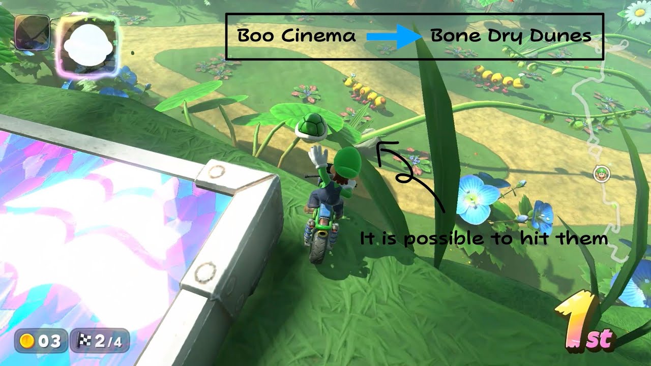 What does luigi always do when racing from Boo cinema to Bone Dry Dunes alone- Sniping Wigglers!!