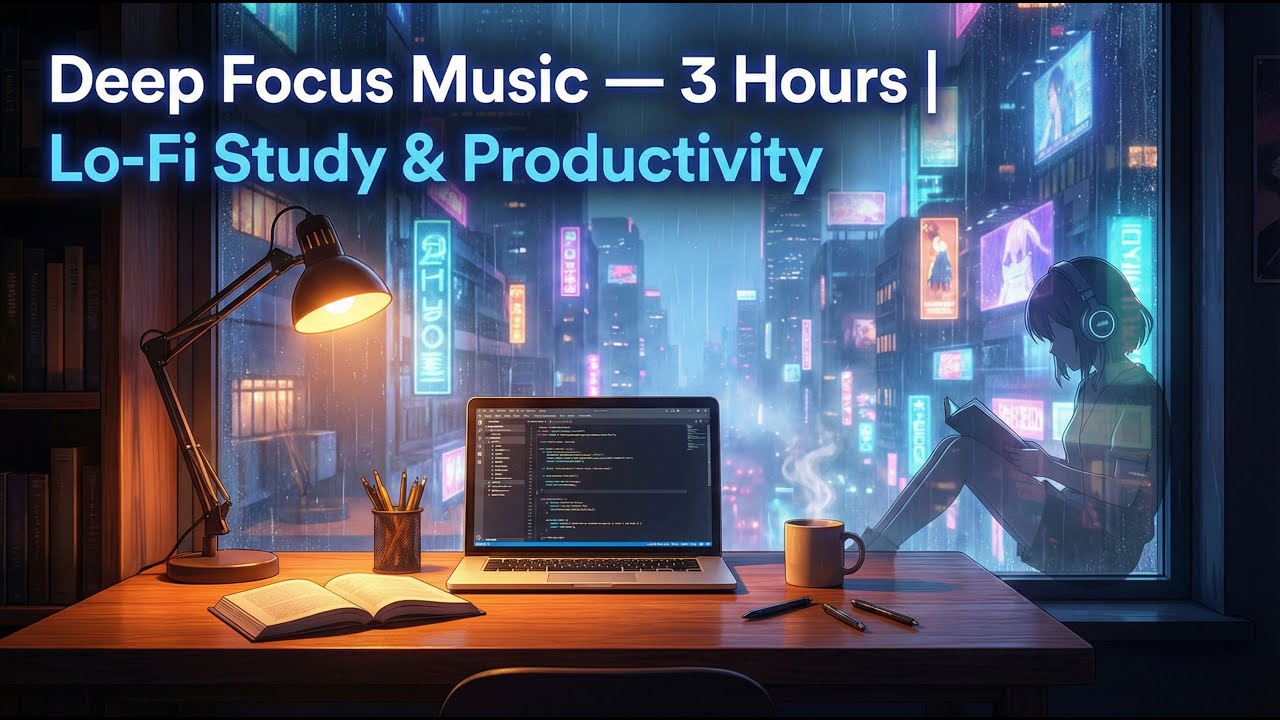 Deep Focus Music — Cyberpunk Rain Study Ambience | 3 Hours Lo-Fi Productivity