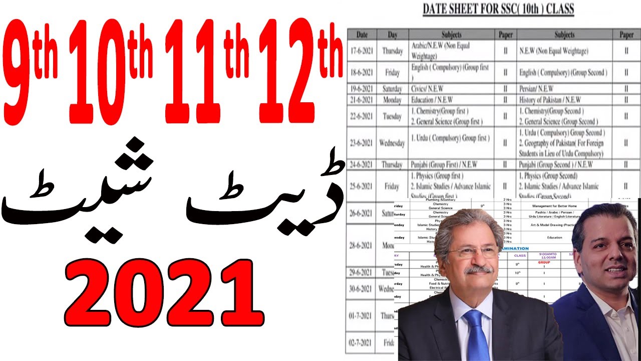 Matric Date Sheet 2021, Intermediate Date Sheet 2021, 9th Date Sheet 2021 ,11th Date sheet 2021