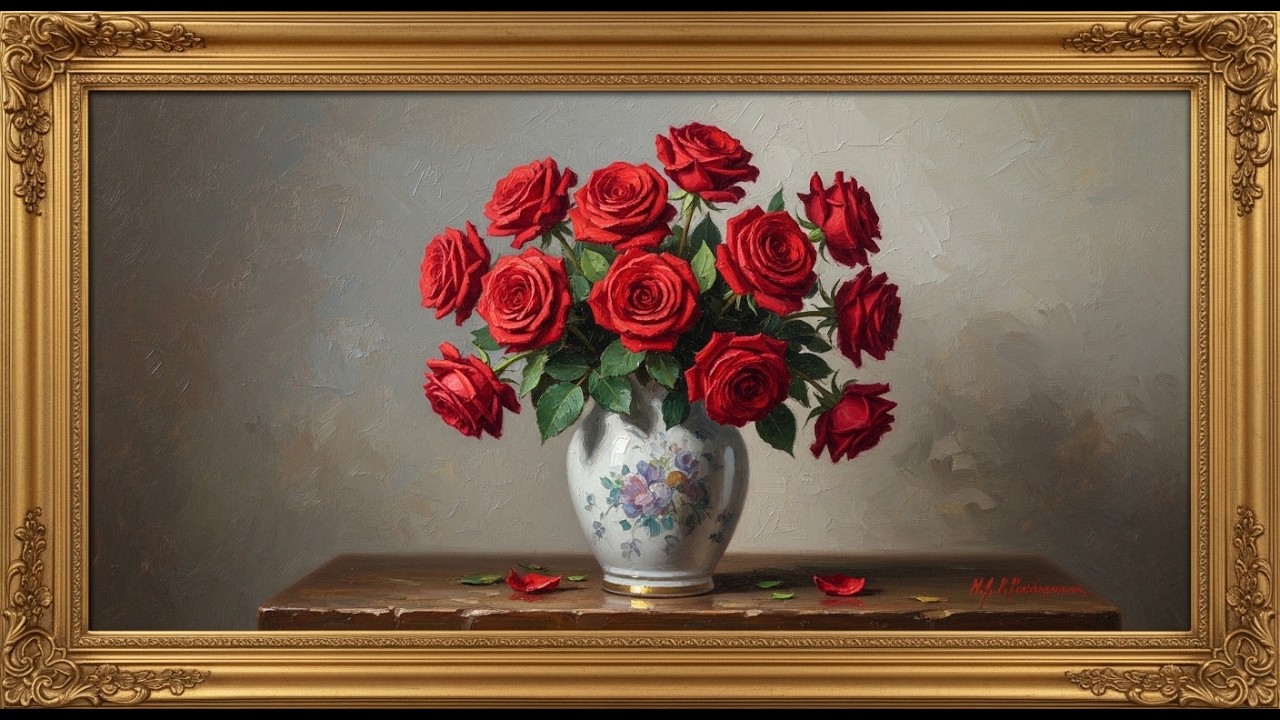 Frame TV Art: Passionate Red Roses Bouquet in Classic Oil | 4K Ambient Art