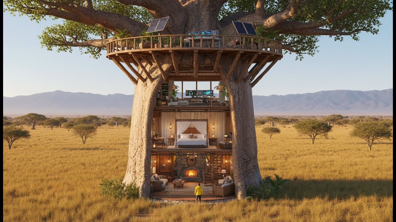 Damaged Baobab Tree Turned into a 3-Story Luxury Survival Treehouse | Silent ASMR Build
