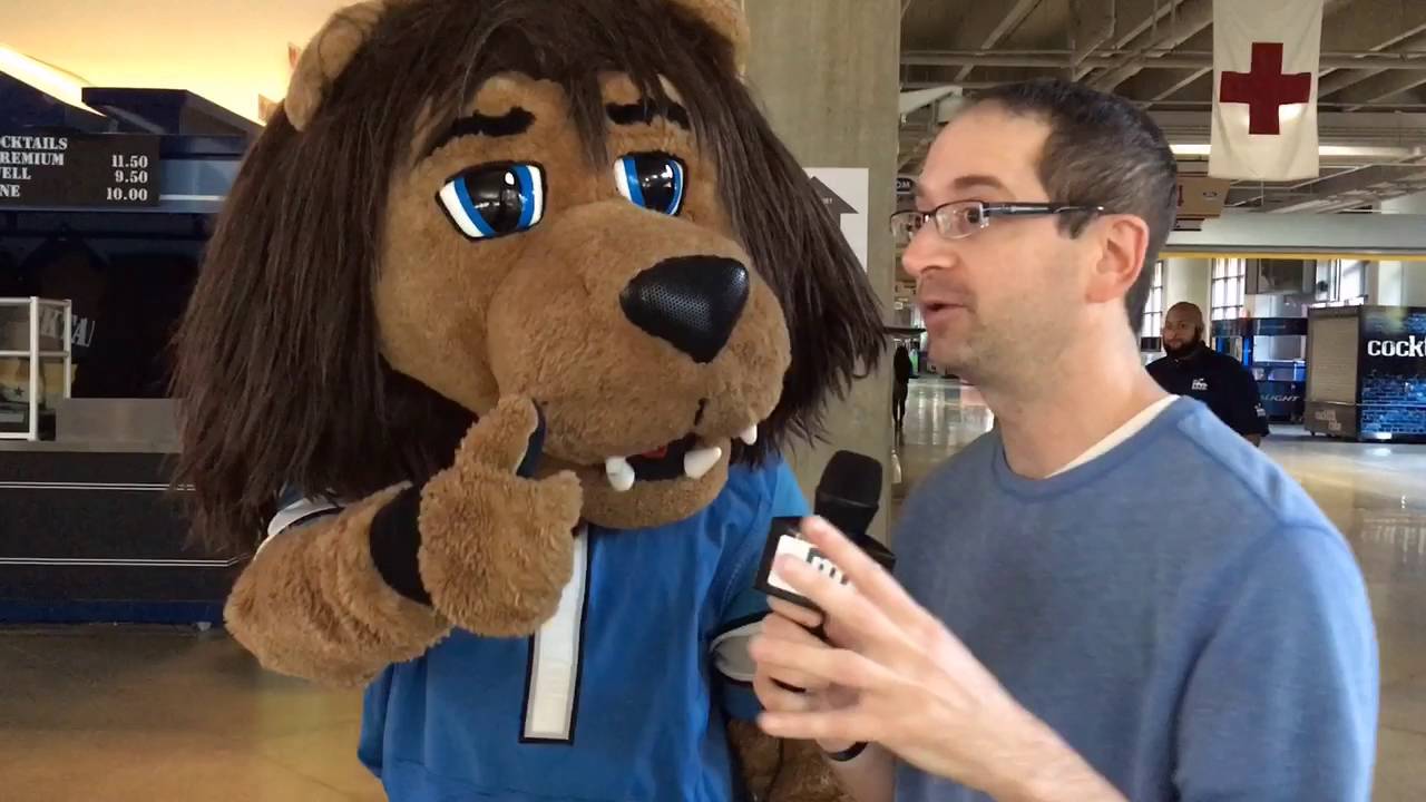 Talking with Detroit Lions mascot "Roary" at Detroit Lions Cheerleader auditions