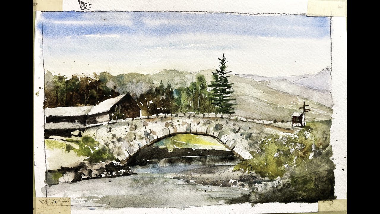 How to Paint a Watercolor Landscape with a Bridge, Mountains and Cabin