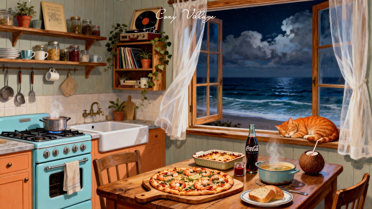 Peaceful 1950s Summer Night in a Vintage Beach House | Jazz Melodies Playing from Another Room