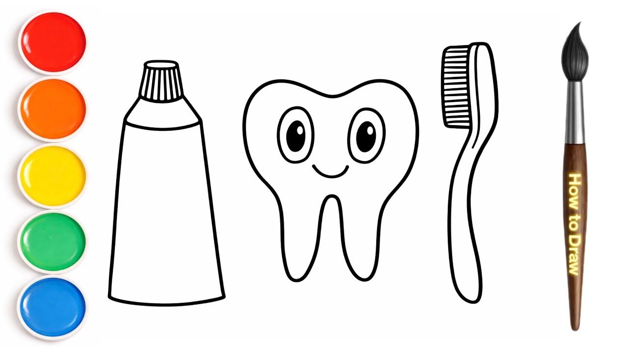How to Draw Tooth, Toothpaste and Toothbrush for Kids / Easy Dental Drawing Step by Step