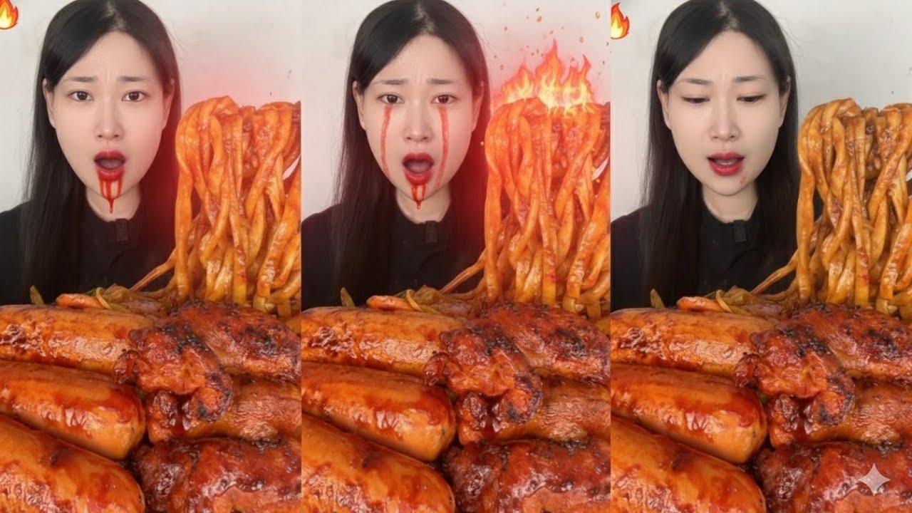 ASMR SPICY NOODLES & GIANT SAUSAGES (Extreme Chewing Sounds)#CrunchyCarnivore#ASMR​#Mukbang