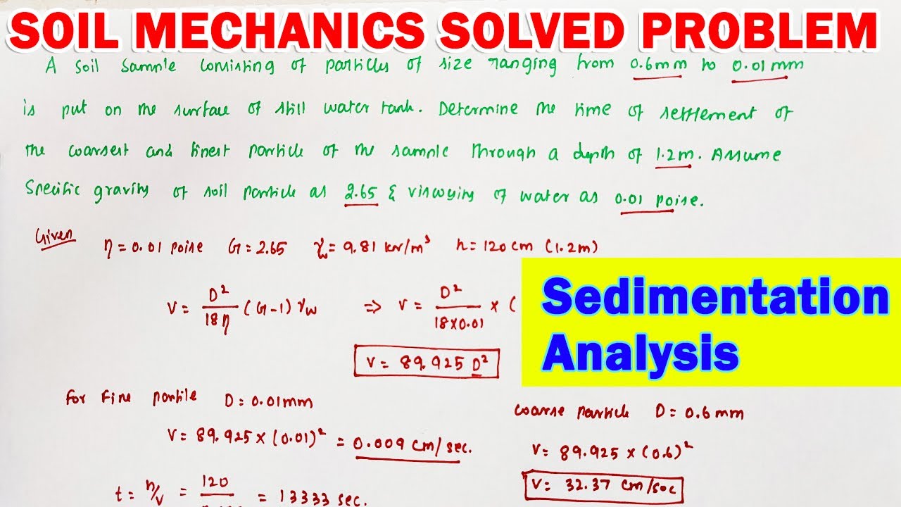 soil mechanics solved problem, settling time problem, sedimentation analysis problem, hydrometer sum