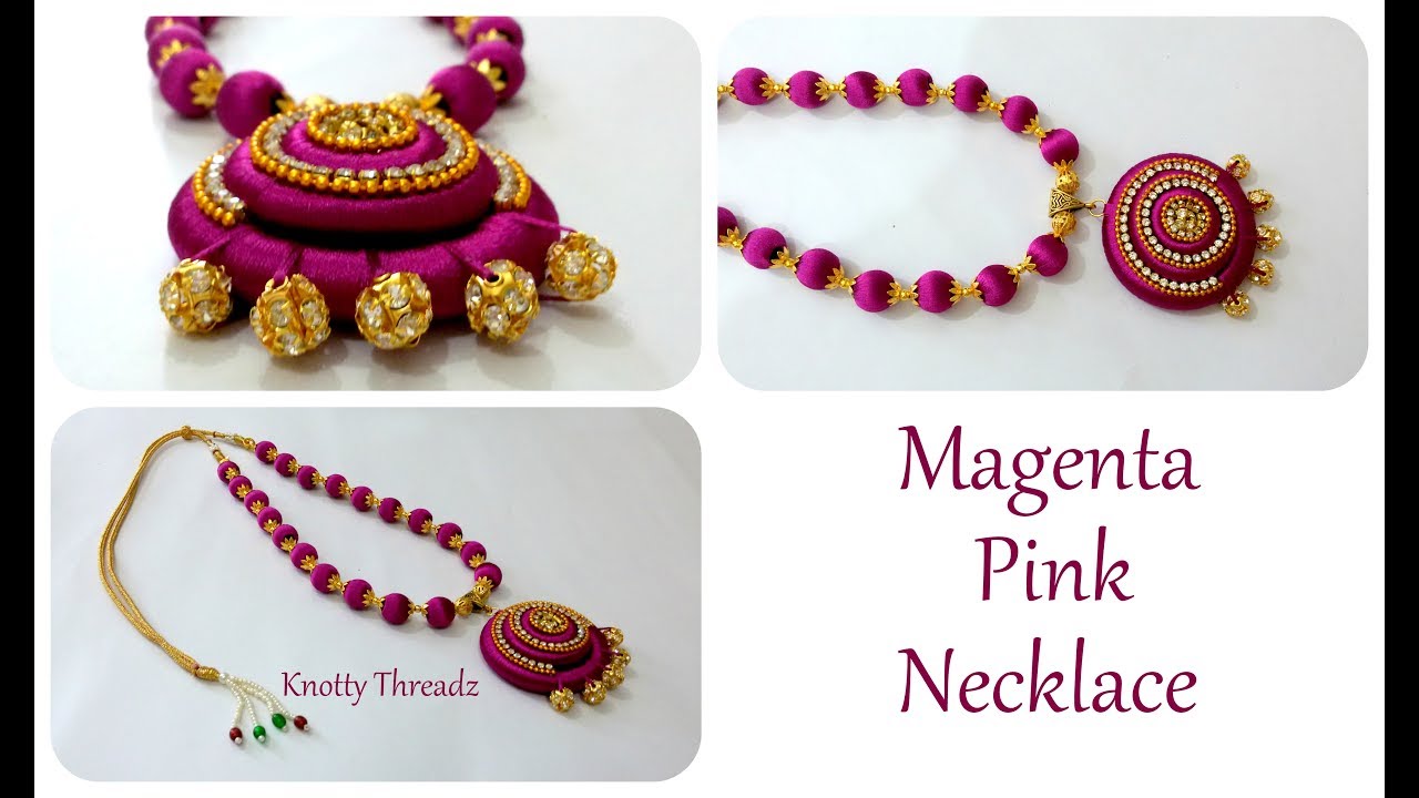 Silk Thread Jewelry | Making Of Magenta Pink Necklace with Stone Balls Pendant | knottythreadz.com