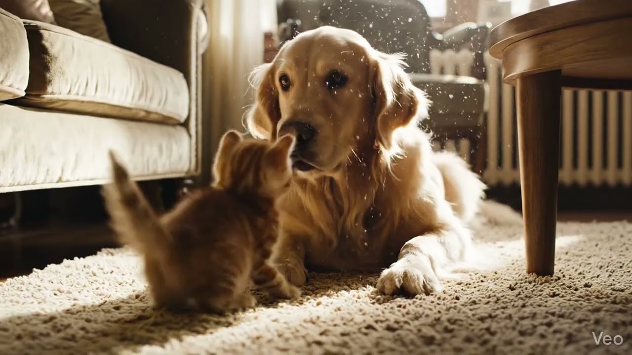 Dog scared of small kitten 