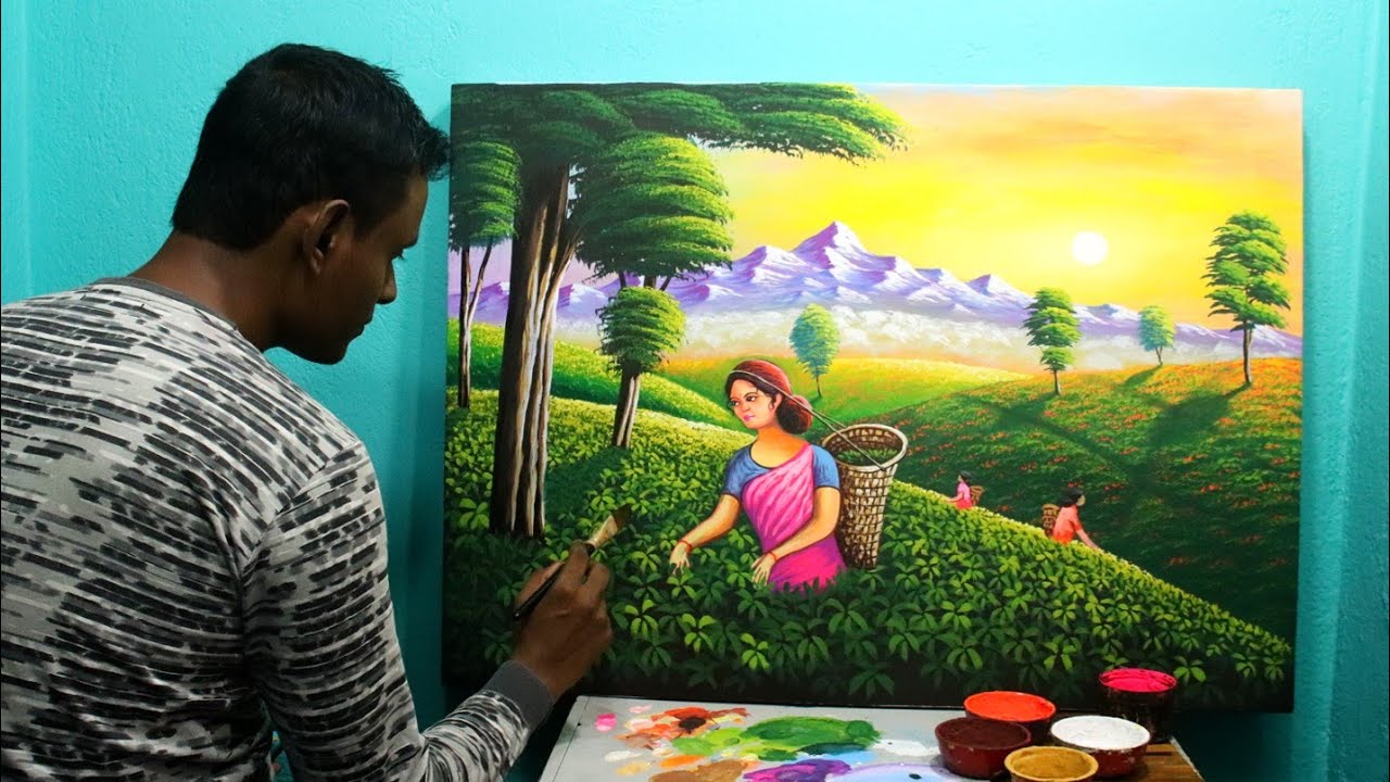 Painting of a Tea garden | mountain nature drawing painting