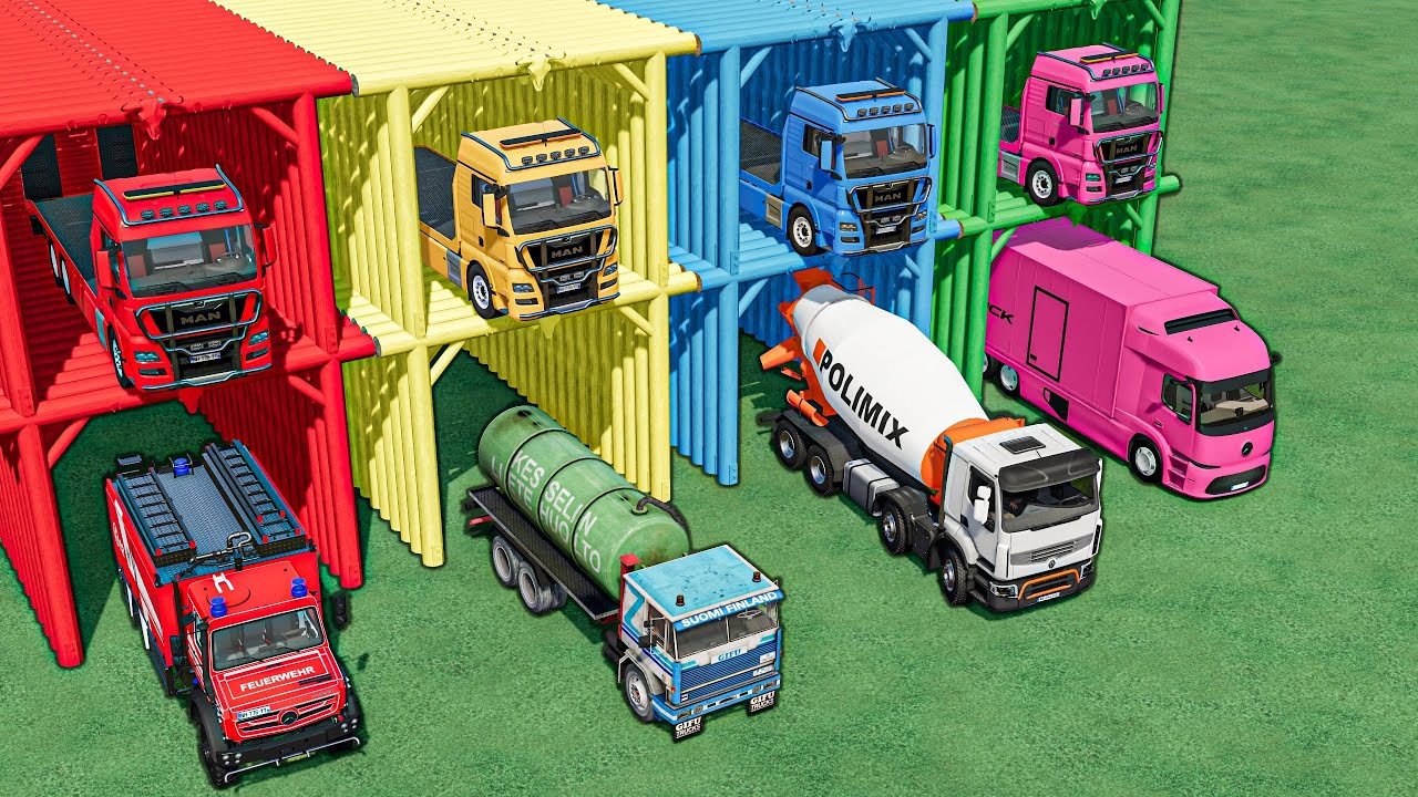 GARAGE with COLORS - TRANSPORTING  FIRE DEPARTMENT , MIXER , SLURRY TRUCK , E TRUCK  | FS22