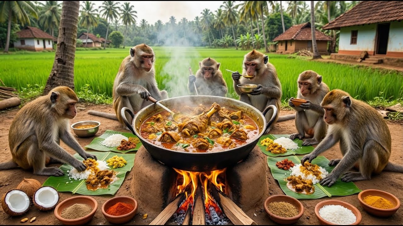 Monkeys Cook Whole Goat Curry 🐒🍛🔥 | Kerala Traditional Village Style
