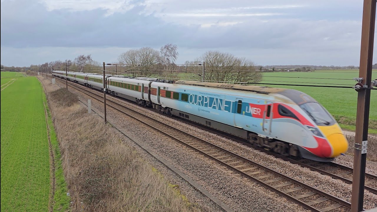 LNER Class 801 Azuma Number 801204 Our Planet Livery at speed on the East Coast Main Line