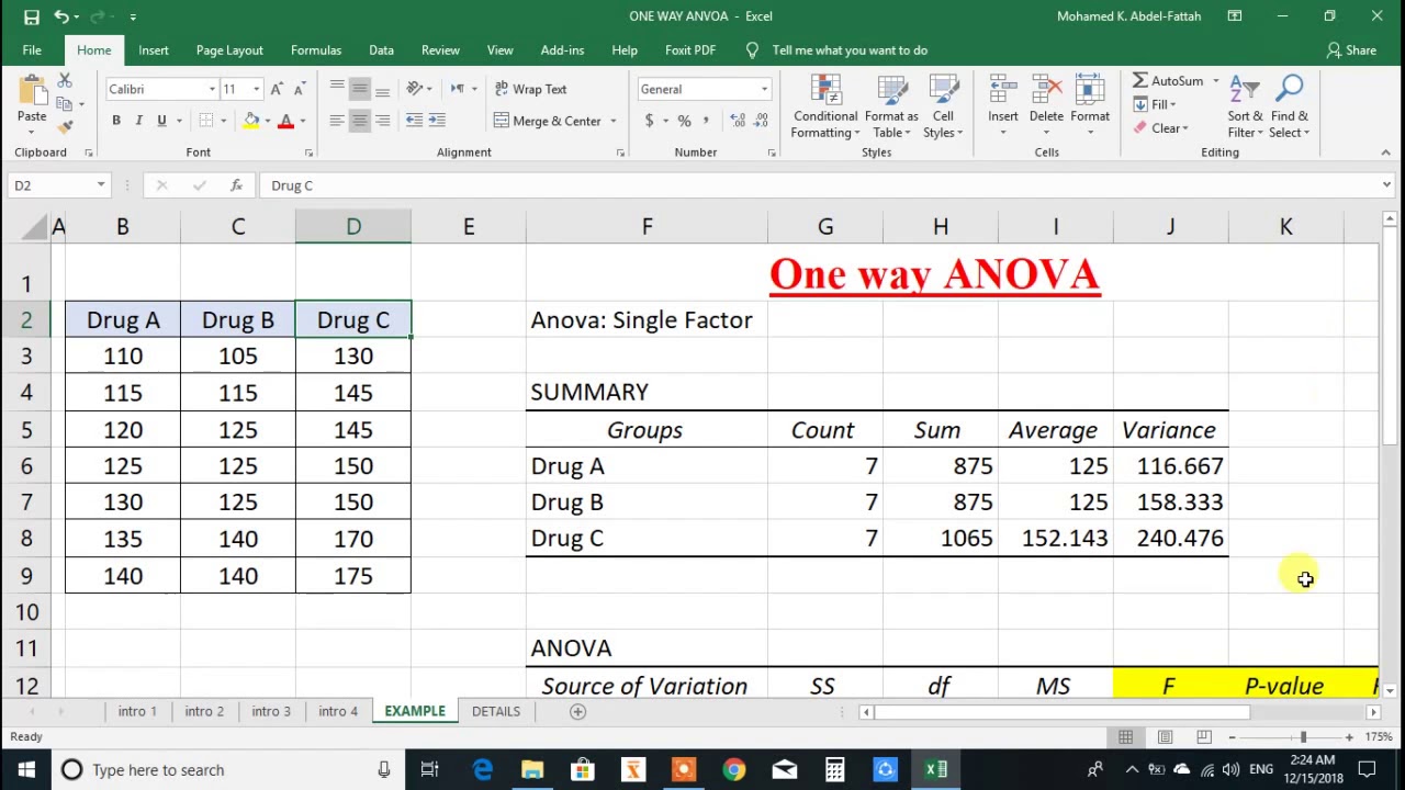 One Way ANOVA using Excel