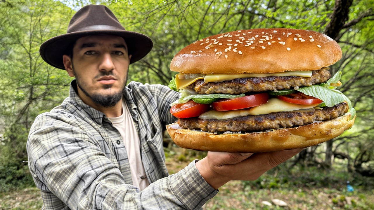 Solo Cooking in the Wilderness: a Giant Cheeseburger Grilled Over Open Fire