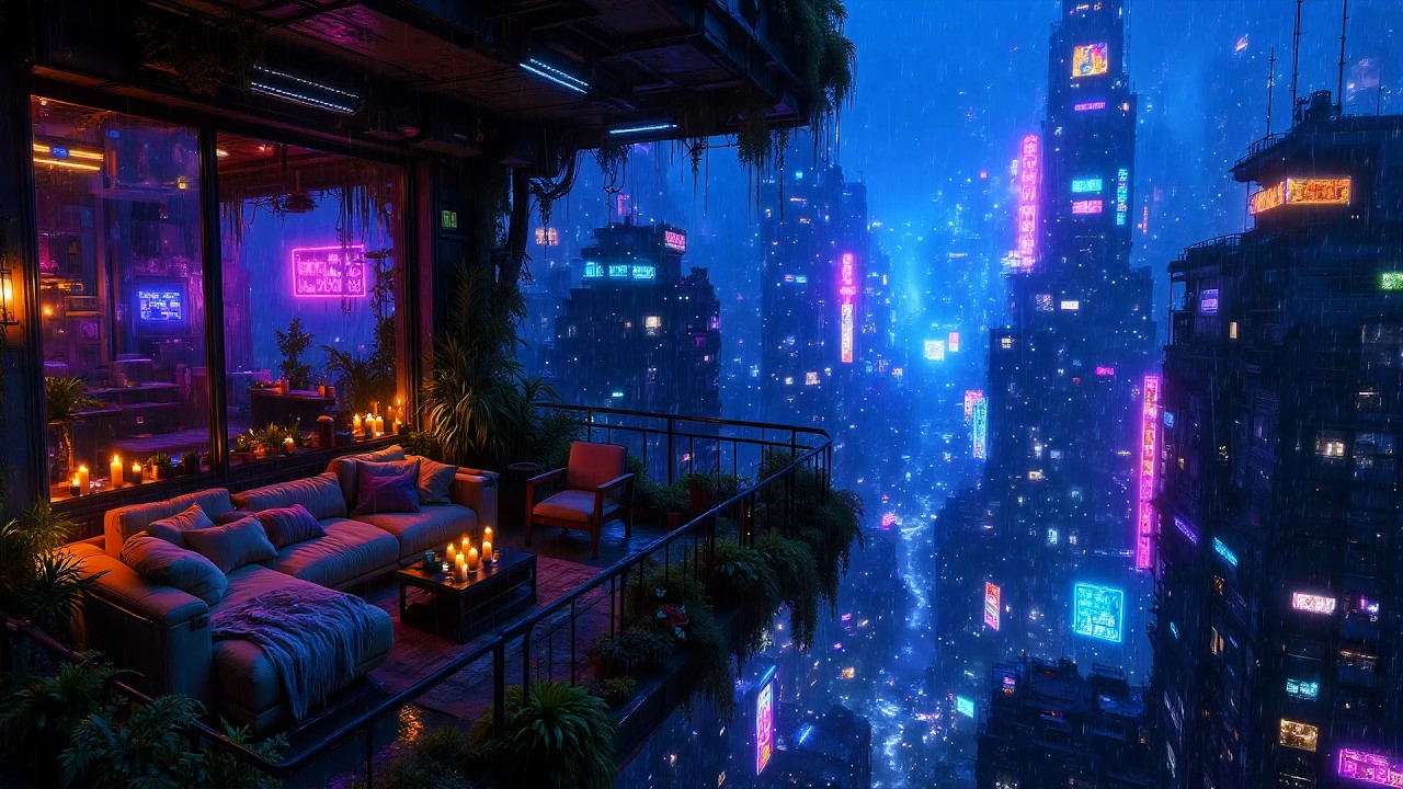 Lofi Ambient – Cyberpunk City Balcony with Cozy Rain and Neon Lights | Deep Focus and Sleep | 4K